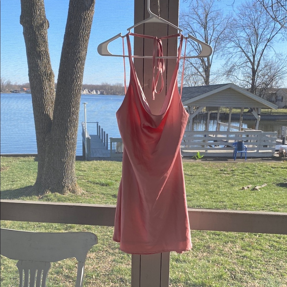 Pink Satin Mini Dress Backless Halter
